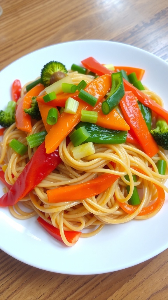 Stir-Fried Noodles with Vegetables A plate of stir-fried noodles with bell peppers, carrots, and broccoli, garnished with green onions.